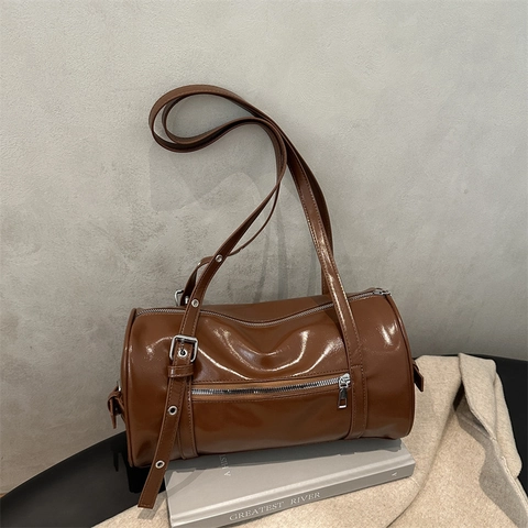 Women Barrel Shoulder Bag Glossy PU Leather Boston Style Adjustable Eyelet Strap Retro Y2K Zipper Handbag Casual
