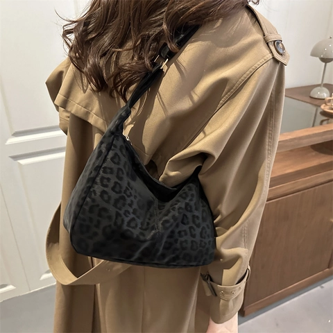 Borsa Hobo Leopardata Da Donna In Camoscio Feltro Grande Capacità Borsa A Spalla E Tracolla Da Pendolare