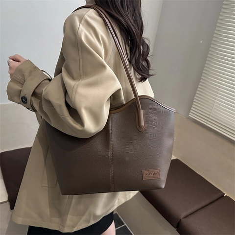 Damen Große Kapazität Litschi-Muster PU-Leder Tragetasche 2025 Winter Retro Minimalistische Umhängetasche Büro Pendeln Handtasche