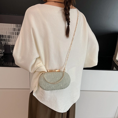Women Elegant Evening Clutch Bag Glitter Lace Oval Hard Shell Handbag Metal Bowtie Clasp Chain Strap Party Wedding