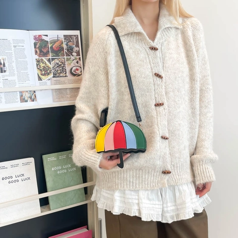 Borsa a Tracolla Creativa da Donna a Forma di Ombrello Patchwork Arcobaleno Piccola Borsa a Spalla in Pelle PU Mini Borsetta