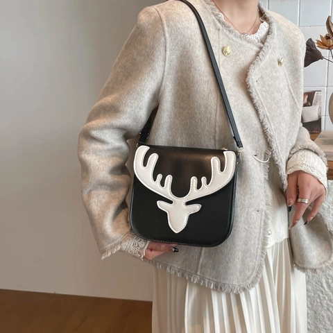 Women Christmas Reindeer Shoulder Bag PU Leather Antler Flap Crossbody Bag Festive Party Mori Girl Small Square Bag