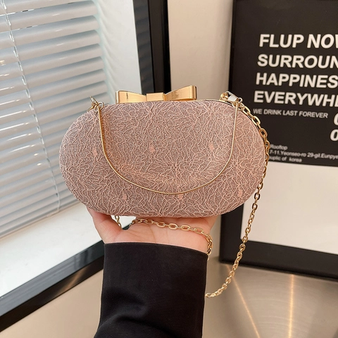Women Elegant Evening Clutch Bag Glitter Lace Oval Hard Shell Handbag Metal Bowtie Clasp Chain Strap Party Wedding