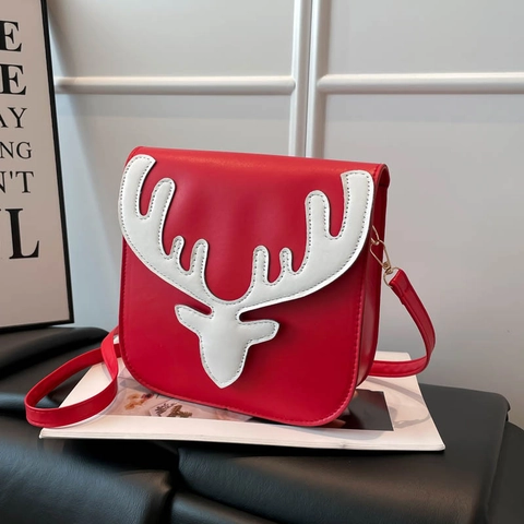Women Christmas Reindeer Shoulder Bag PU Leather Antler Flap Crossbody Bag Festive Party Mori Girl Small Square Bag