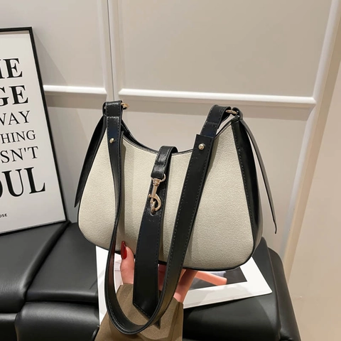 Damen Retro Wildleder PU Leder Spleißen Hobo Umhängetasche Vintage Minimalistische Halbmond Tasche Metall Schnalle Achsel Handtasche