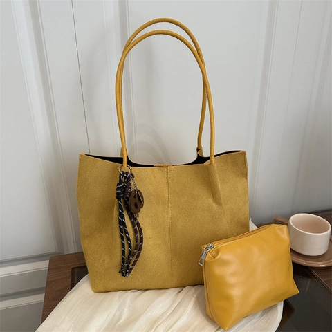 Bolso Tote de Gamuza Sintética para Mujer Gran Capacidad Bolso de Hombro Vintage Color Sólido Mano Con Bolsa Removible Colgante