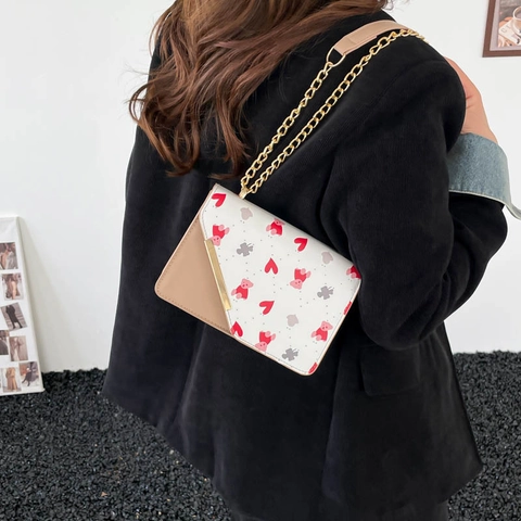 Women Trendy PU Leather Shoulder Bag With Sweet Fruit Animal Print Fashion Gold Chain Crossbody Small Square Bag