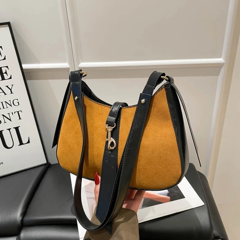 Damen Retro Wildleder PU Leder Spleißen Hobo Umhängetasche Vintage Minimalistische Halbmond Tasche Metall Schnalle Achsel Handtasche