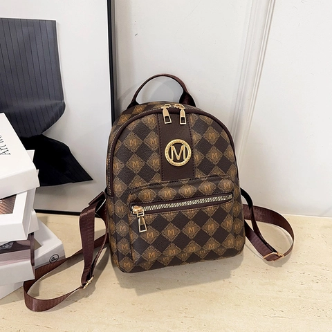 Zaino Mini Moda Donna Lettera M Monogramma Motivo Rombi Pelle PU Zaino Alla Moda Capiente Borsa da Viaggio per Donna