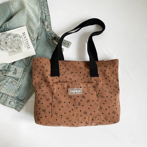 Dames Corduroy Draagtas Grote Capaciteit Hartjes Strikjes Print Schoudertas Casual Woon-Werkverkeer Met Buitenvak Ritssluiting