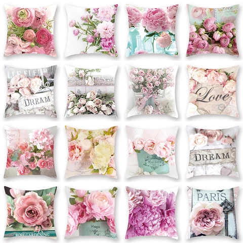 Floral Pfirsichhaut Polyester Kissenbezug Aquarell Blume Hund Tier Kunst Quadratischer Kissenhülle Französisches Vintage Dekor