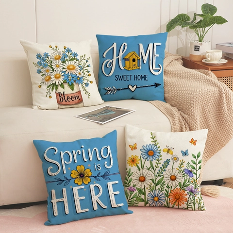 Housse De Coussin En Mélange De Lin Fleurs Printanières Respirante Taie D'oreiller Avec Fermeture Éclair Invisible Sofa