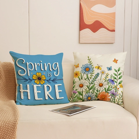 Housse De Coussin En Mélange De Lin Fleurs Printanières Respirante Taie D'oreiller Avec Fermeture Éclair Invisible Sofa