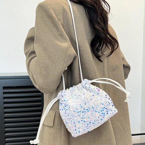 Sparkly Sequin Bucket Bag For Women Trendy Niche Drawstring Shoulder Crossbody Bag Elegant Glamorous Party Evening Purse