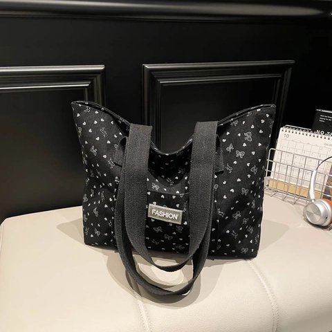 Borsa Tote da Donna Vintage in Velluto a Coste con Stampa Cuore Fiocco Grande Capacità Borsa a Spalla Casual Versatile per Scuola Shopping