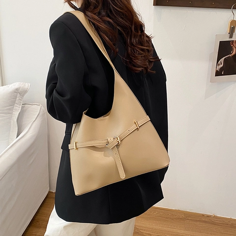 Women Vintage PU Leather Tote Bag Large Capacity Shoulder Handbag With Decorative Belt Buckle For Daily Commute Office