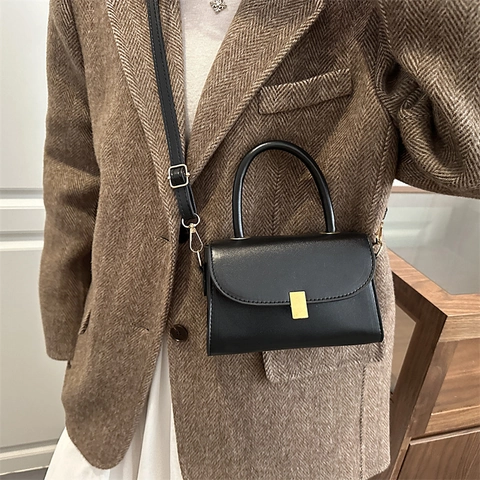 Vintage Kleine Quadratische Umhängetasche PU Leder Griff Klappe Crossbody Tasche Für Damen Minimalistische Mode Handtasche