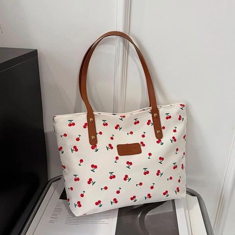Borsa Tote Grande Da Donna Stampa Ciliegia Nylon Pelle Tracolla Casual Per Pendolari Quotidiani Versatile Dolce