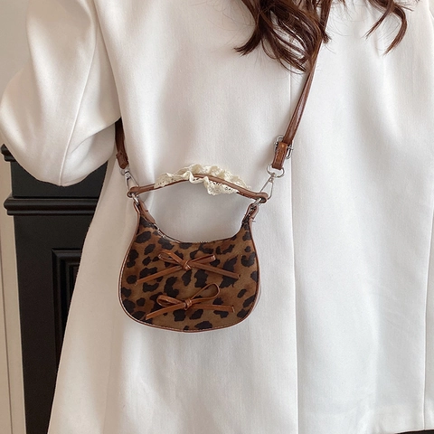 Mini Bolso Bandolera de Leopardo a Cuadros para Mujer Decoración de Lazo Asa de Encaje Bolso de Hombro Pequeño Vintage