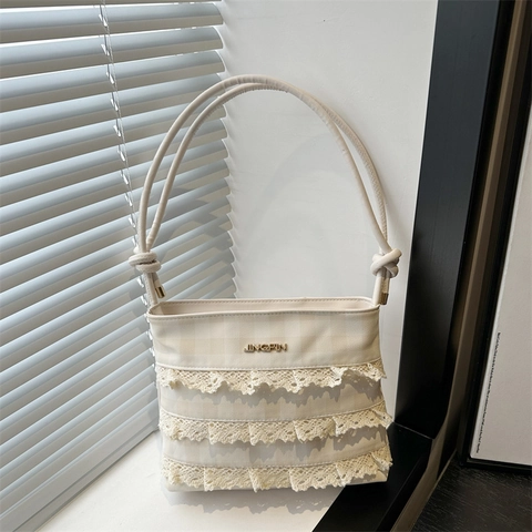 Borsa A Spalla Da Donna Pizzo Volant Motivo A Scacchi Pelle PU Borsa Sottoascellare Elegante Stile Dolce
