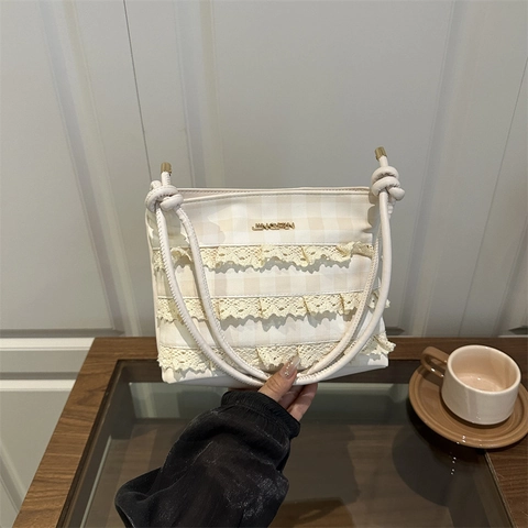 Spitzenbesatz Karo Kleine Quadratische Tasche Für Damen Koreanisch Süß PU Leder Schultertasche Umhängetasche Lässig Mode Handtasche