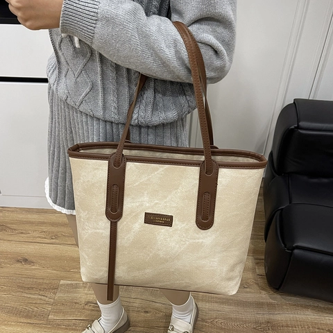 Women Large Capacity Tote Bag PU Leather Canvas Patchwork Contrast Color Fashion Minimalist Commuter Shoulder Handbag
