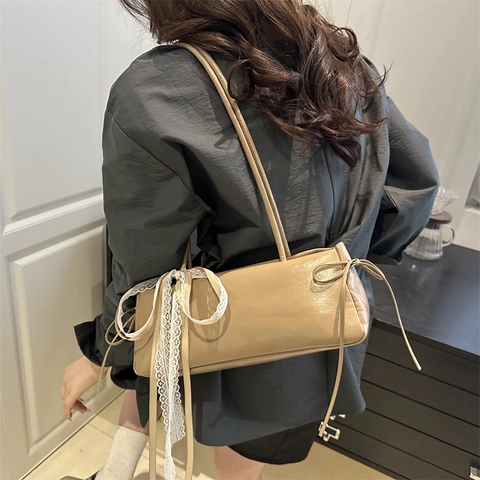 Borsa Baguette In Pelle PU Con Fiocco In Pizzo Stile Balletto Dolce Borsa A Tracolla Per Donna
