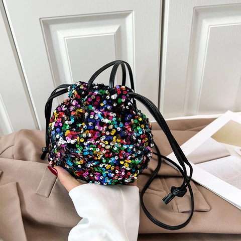 Sparkly Sequin Bucket Bag For Women Trendy Niche Drawstring Shoulder Crossbody Bag Elegant Glamorous Party Evening Purse
