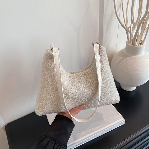 Moda Donna Soffice Borsa a Tracolla in Lana di Agnello Grande Capacità Ecopelliccia Sottobraccio Borsa Con Cerniera Per Inverno Casual
