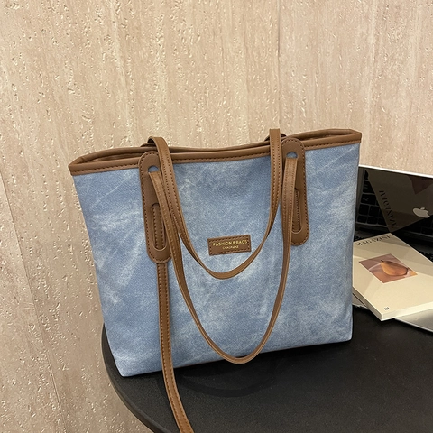 Women Large Capacity Tote Bag PU Leather Canvas Patchwork Contrast Color Fashion Minimalist Commuter Shoulder Handbag