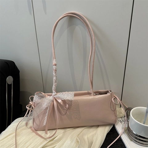 Borsa Baguette In Pelle PU Con Fiocco In Pizzo Stile Balletto Dolce Borsa A Tracolla Per Donna