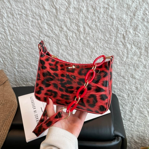 Women Leopard Print Underarm Bag Glossy PU Leather Shoulder Bag With Acrylic Chain Retro Baguette Crossbody Bag For Daily Casual Lady