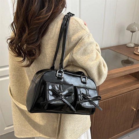 Damen Balletcore Schleife Unterarmtasche Große Kapazität Glänzend PU Leder Schultertasche Retro Y2K Stil Doppel Taschen Tote Handtasche