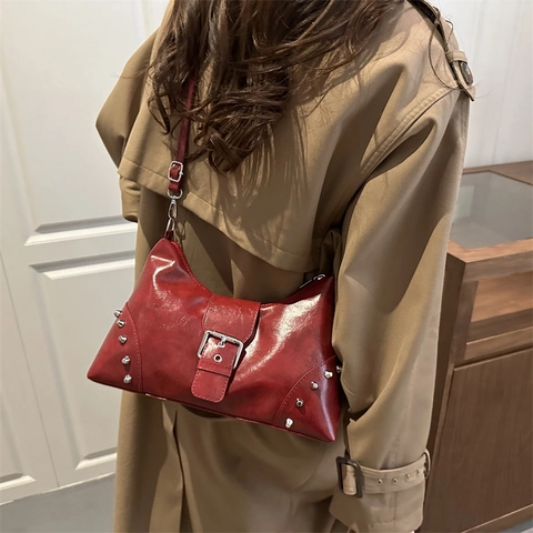 Sac à Bandoulière sous le bras en Cuir PU Vintage Avec Rivets Boucle en Métal Sac Cabas Grande Capacité Pour Femme Style Casual
