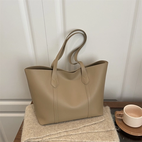 Women Large Capacity Tote Bag PU Leather Minimalist Solid Color Retro Commuter Shoulder Handbag