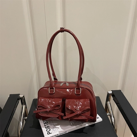 Borsa Sottobraccio da Donna con Fiocco Balletcore Grande Capacità in Pelle PU Lucida Borsa a Tracolla Retro Stile Y2K Doppie Tasche Tote
