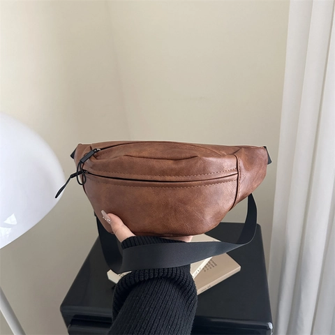 Women Retro PU Leather Chest Bag Minimalist Solid Color Large Capacity Crossbody Waist Bag With Adjustable Strap
