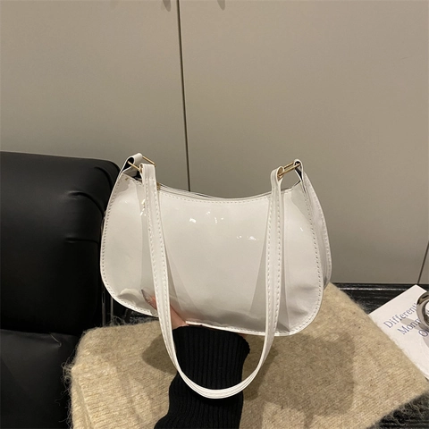 Fashion Glossy PU Patent Leather Underarm Bag For Women Solid Color Half Moon Hobo Shoulder Bag Elegant Minimalist