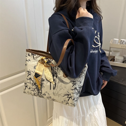 Women New Chinese Style Bamboo Print Canvas Tote Bag Large Capacity Shoulder Bag With Satin Scarf Handle Commuter Handbag
