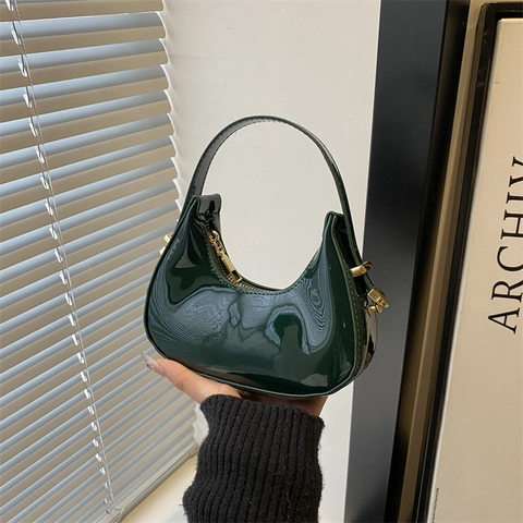 Crescent Hobo Bag Mini Patent Leather Underarm Purse Solid Color French Style Handheld Shoulder Bag