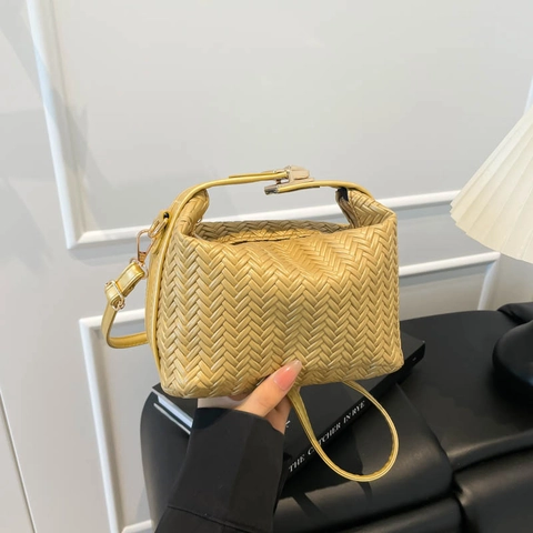 Bolso Dumpling de Cuero PU Tejido para Mujer Bolso de Hombro de Color Sólido Con Cierre Metálico para Fiesta Diaria