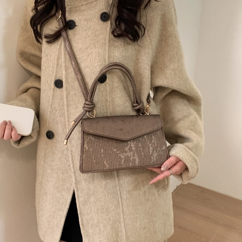 Women Shoulder Bag Knot Handle Vertical Stripe Flap Handbag Retro Minimalist PU Leather Crossbody Bag