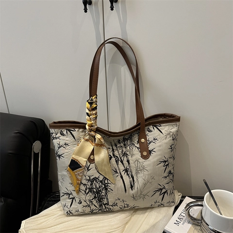 Women New Chinese Style Bamboo Print Canvas Tote Bag Large Capacity Shoulder Bag With Satin Scarf Handle Commuter Handbag
