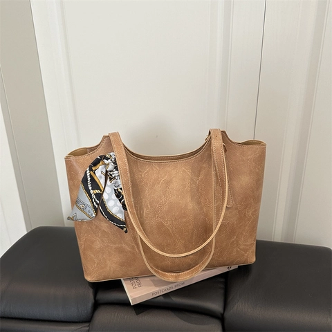 Große Kapazität PU Leder Tote Bag Mit Satin Schal Moderne Minimalistische Umhängetasche Für Damen Daily Commuting Casual Handtasche