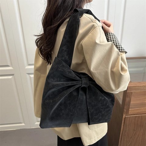 Borsa A Spalla Da Donna In Camoscio Smerigliato Grande Capacità Design Con Fiocco Vintage Minimalista Stile Coreano