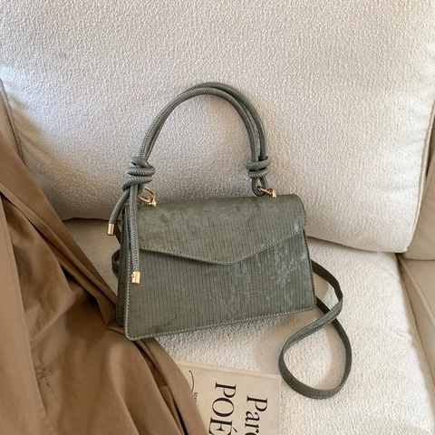 Women Shoulder Bag Knot Handle Vertical Stripe Flap Handbag Retro Minimalist PU Leather Crossbody Bag