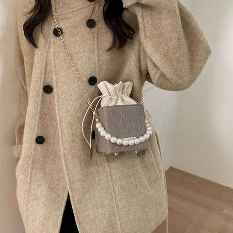 Bolso Bandolera de Cuero PU para Mujer con Asa de Perlas Retro Cordón Pequeño Bolso Cuadrado de Caja Con Correa de Cadena