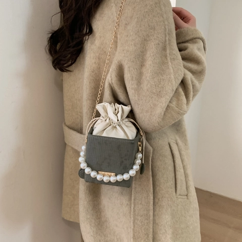 Women Mini Square Box Crossbody Bag Handbag Faux Artificial Pearl Handle PU Leather Corduroy Drawstring Bucket Elegant Retro Style