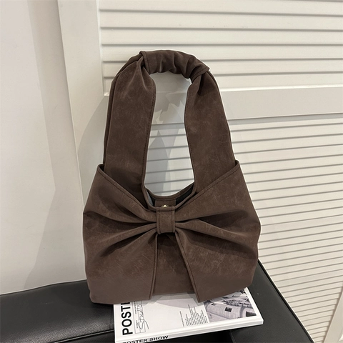 Borsa A Spalla Da Donna In Camoscio Smerigliato Grande Capacità Design Con Fiocco Vintage Minimalista Stile Coreano