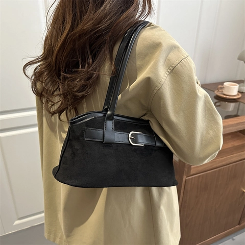 Elegant Suede Underarm Shoulder Bag Retro Faux Leather With Metal Buckle Solid Color Commuter Rectangular Handbag For Women